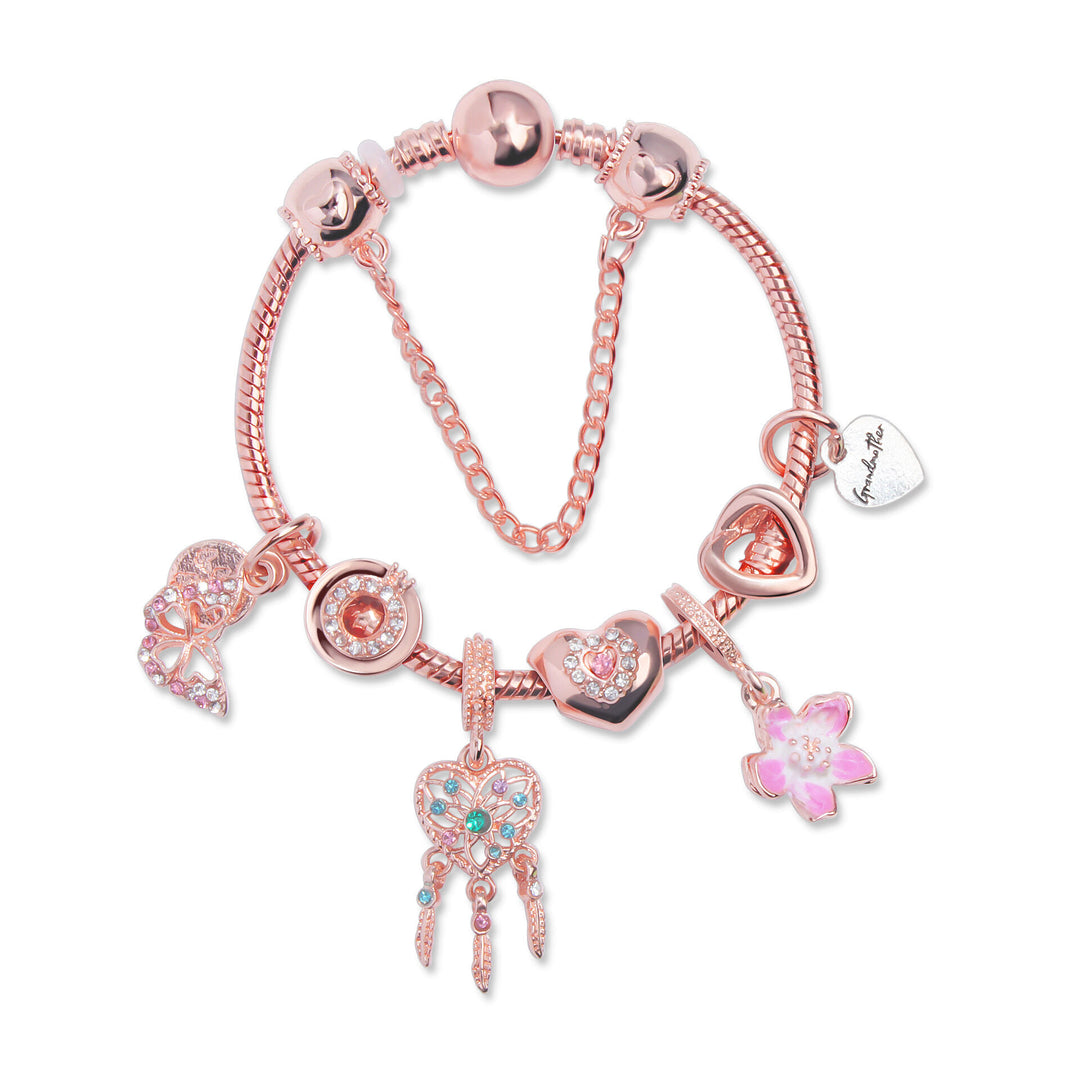 Rose Gold Bracelet with Dreamcatcher & Lily Pendant, Crystal Zircon Beads(17cm)