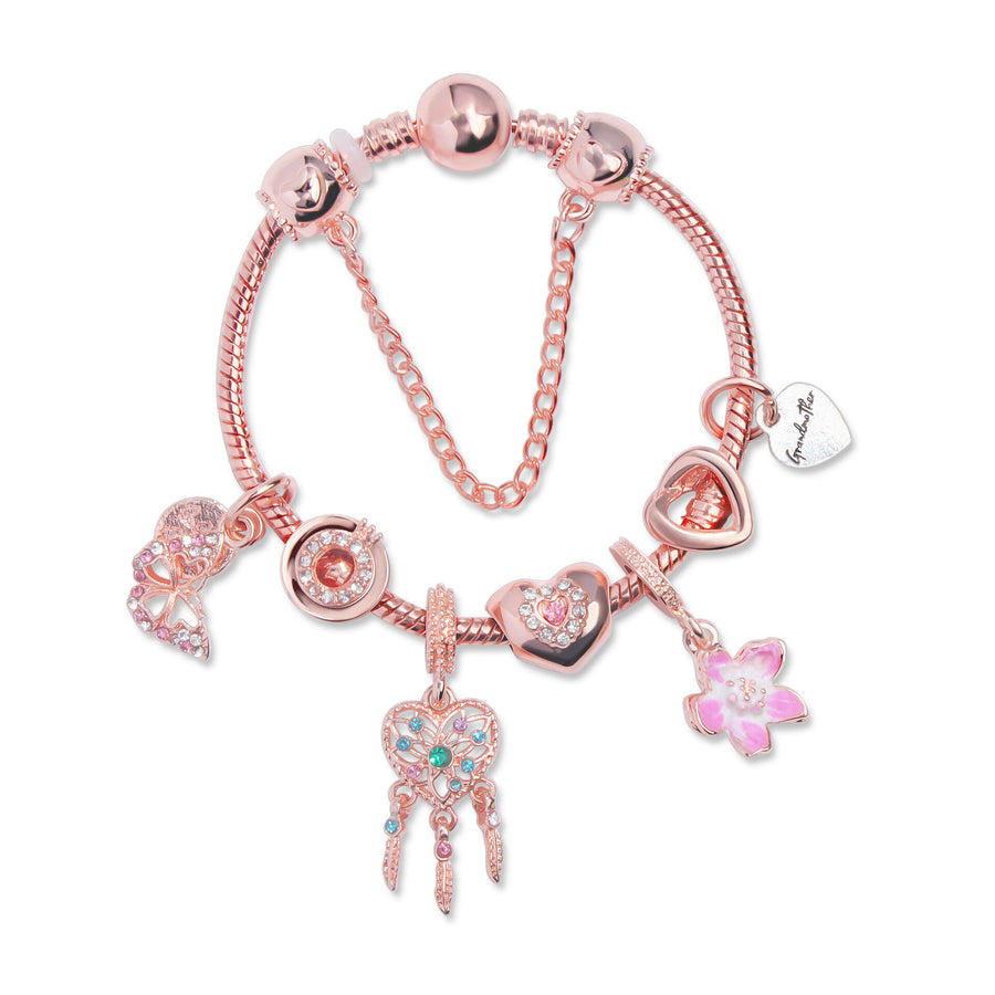 Rose Gold Bracelet with Dreamcatcher & Lily Pendant, Crystal Zircon Beads(20cm)