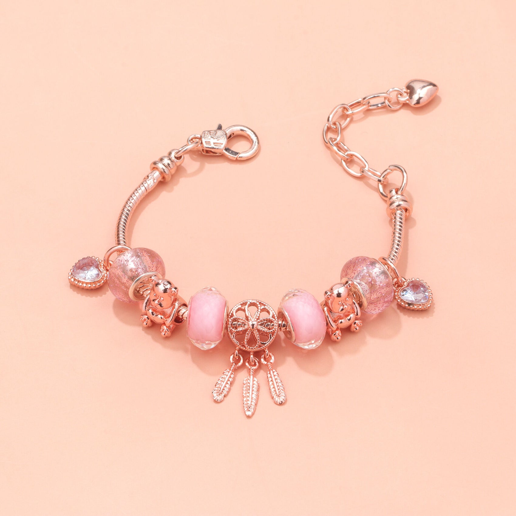 Rose Gold Charm Bracelet with Dreamcatcher & Bear Beads, Colorful Glass Beads Bracelet(16cm)