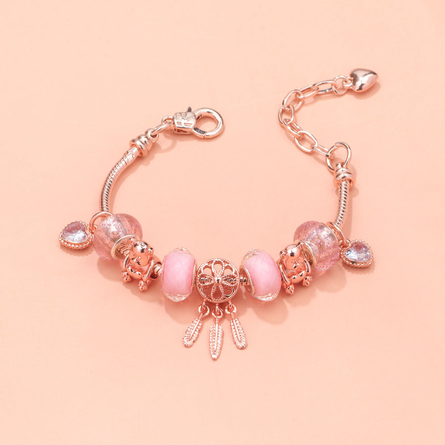 Rose Gold Charm Bracelet with Dreamcatcher & Bear Beads, Colorful Glass Beads Bracelet(18cm)