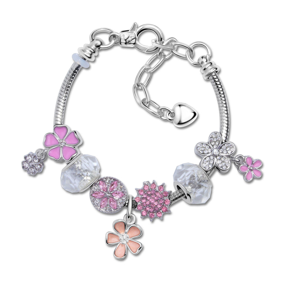 Chic Camellia Bead Charm DIY Bracelet with Crystal(pink flower-17cm)