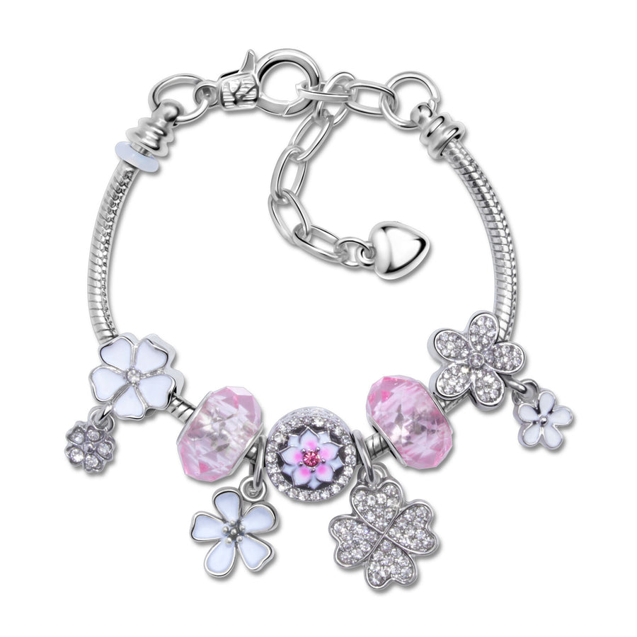 Chic Camellia Bead Charm DIY Bracelet with Crystal(white flower-19cm)