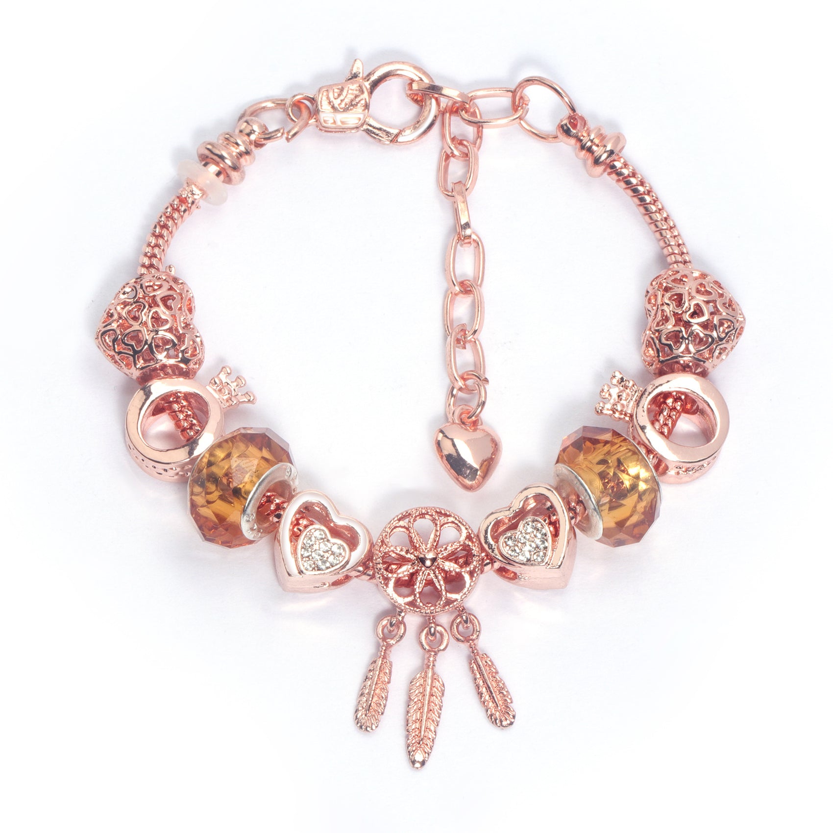 Rose Gold Plated Charm Bracelet with Zircon, Hollow Heart, Flower, Crown & Glass Beads(16cm)