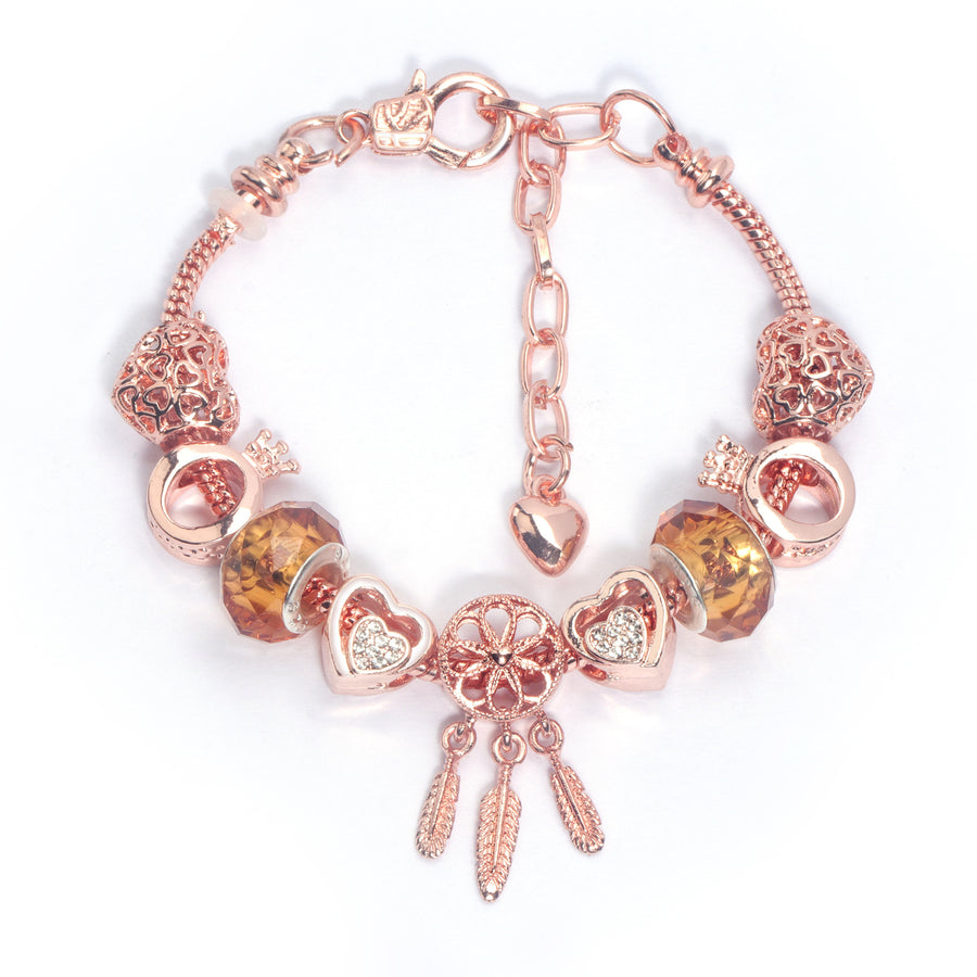 Rose Gold Plated Charm Bracelet with Zircon, Hollow Heart, Flower, Crown & Glass Beads(17cm)