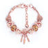 Rose Gold Plated Charm Bracelet with Zircon, Hollow Heart, Flower, Crown & Glass Beads(18cm)