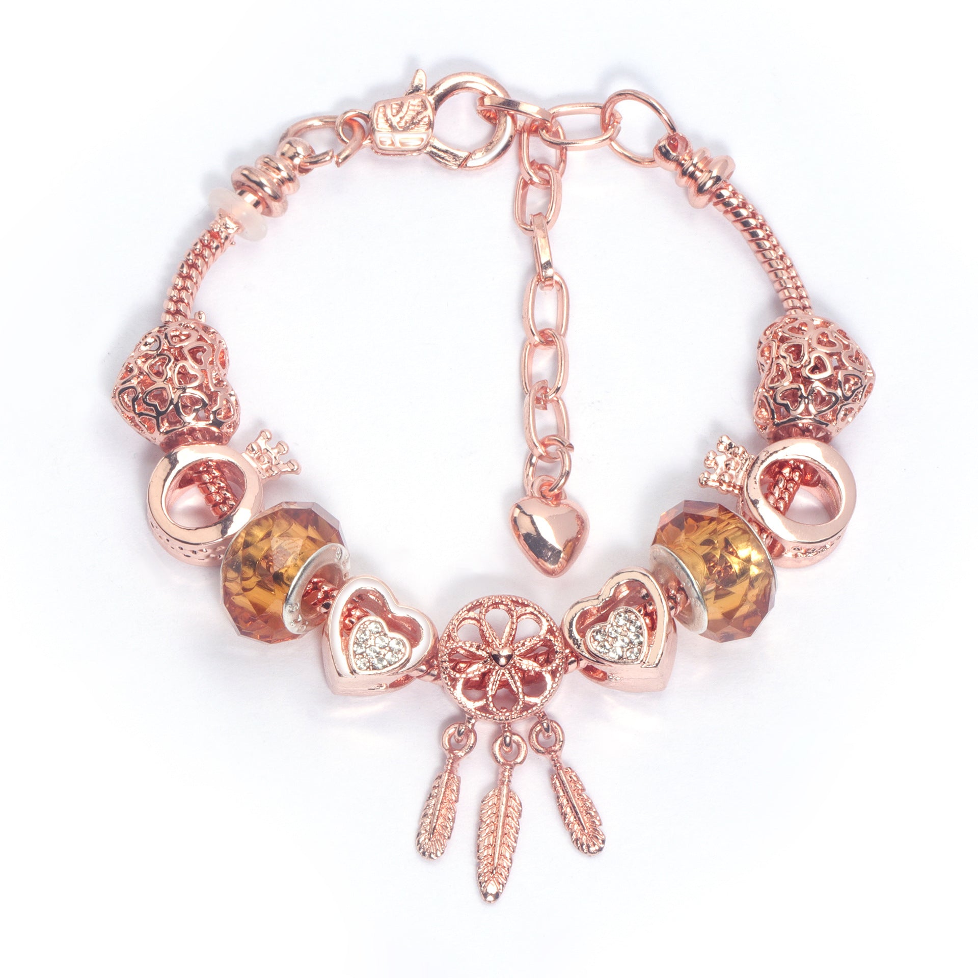 Rose Gold Plated Charm Bracelet with Zircon, Hollow Heart, Flower, Crown & Glass Beads(19cm)