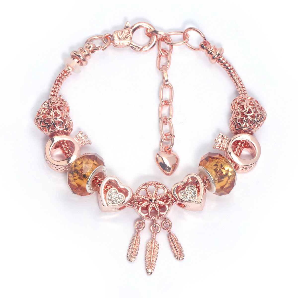 Rose Gold Plated Charm Bracelet with Zircon, Hollow Heart, Flower, Crown & Glass Beads(20cm)
