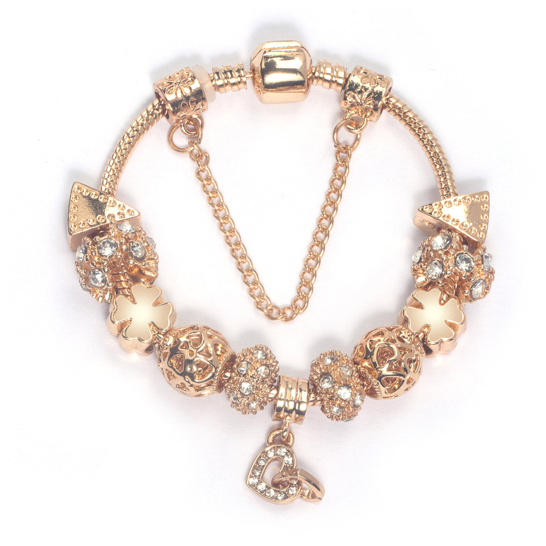 Rose Gold Crystal Charm Bracelet with Clover, Heart, Triangle Beads & Heart Pendant(19cm)