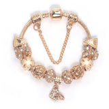 Rose Gold Crystal Charm Bracelet with Clover, Heart, Triangle Beads & Heart Pendant(20cm)