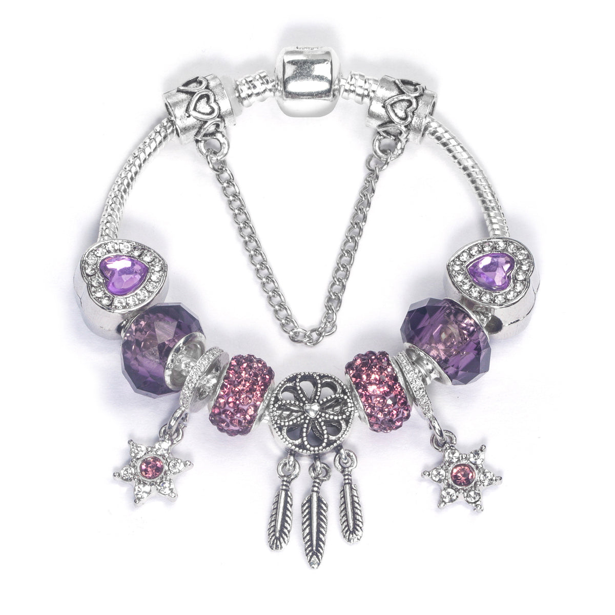 Purple Crystal Beaded Charm Bracelet with Star & Dreamcatcher Pendant, Rhinestone-Embedded DIY Alloy Bracelet(20cm)