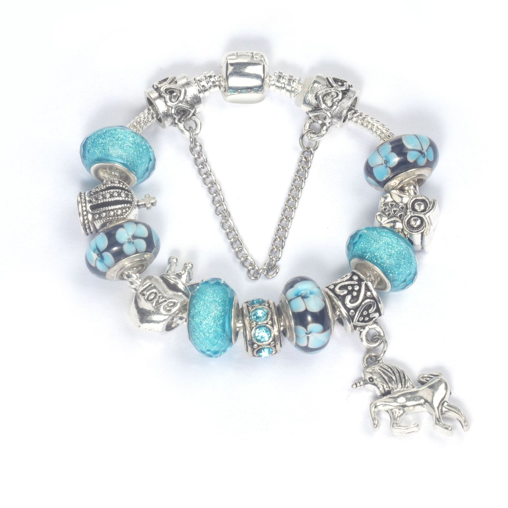 Vintage Water Glass Rhinestone Heart Crown Beaded Unicorn Pendant DIY Bracelet(18cm)