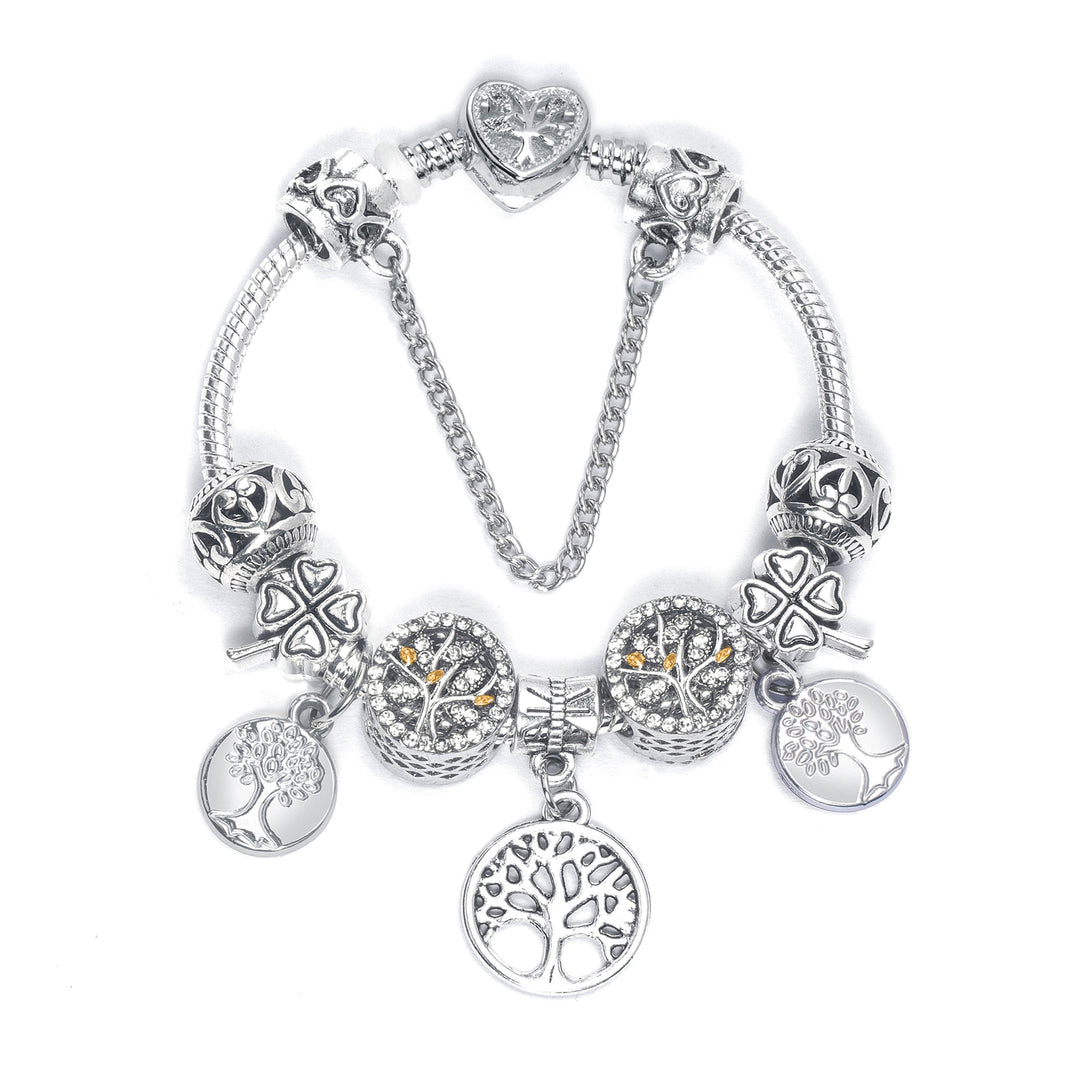 Vintage Silver Tree of Life CZ Four - Leaf Clover Charm Bead DIY Bracelet, Retro Style(17cm)