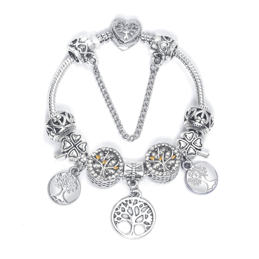 Vintage Silver Tree of Life CZ Four - Leaf Clover Charm Bead DIY Bracelet, Retro Style(18cm)