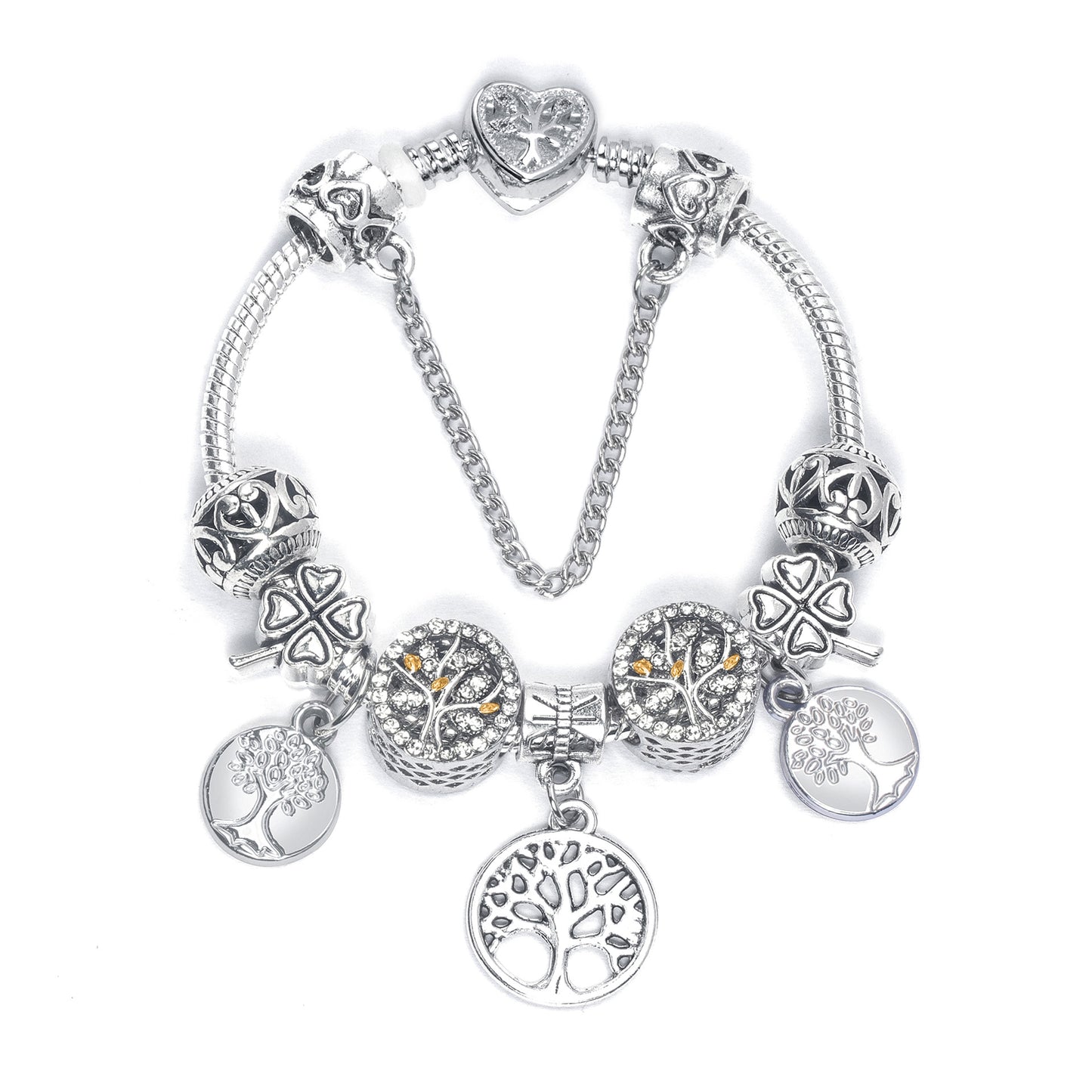 Vintage Silver Tree of Life CZ Four - Leaf Clover Charm Bead DIY Bracelet, Retro Style(19cm)