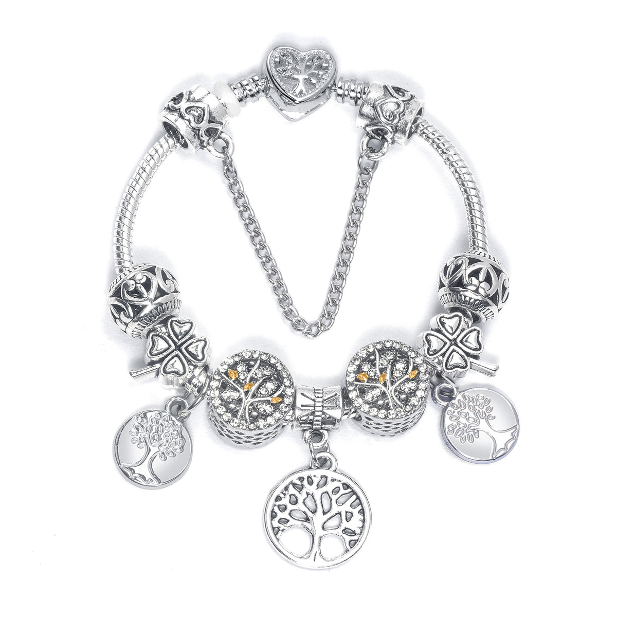 Vintage Silver Tree of Life CZ Four - Leaf Clover Charm Bead DIY Bracelet, Retro Style(19cm)