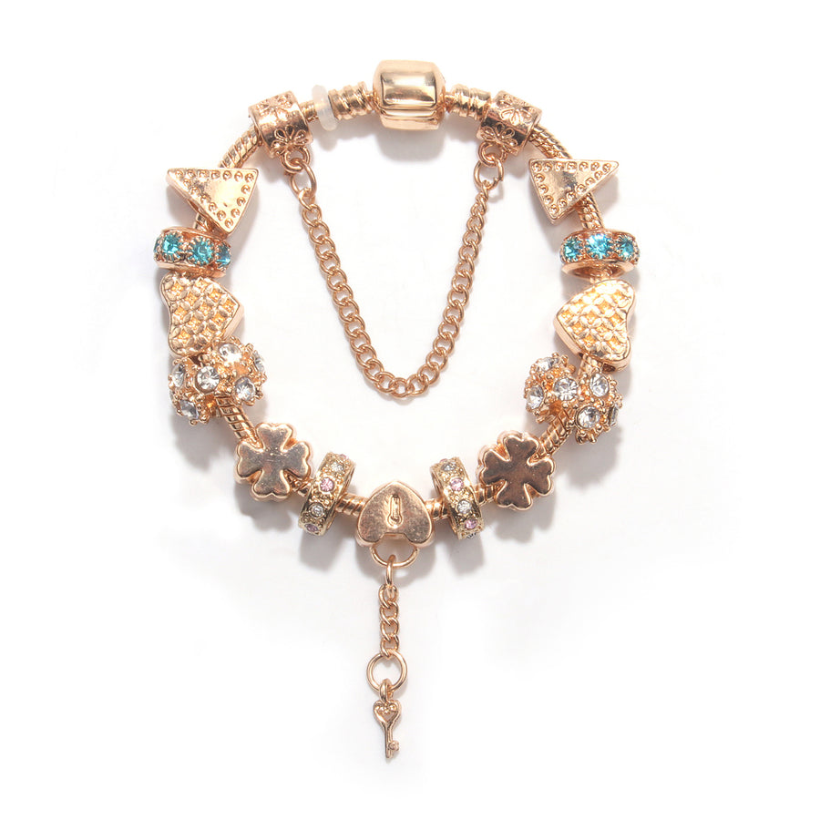 Rose Gold DIY Charm Bracelet with Crystal Heart, Clover & Key Pendant, Romantic Beaded Bracelet(20cm)