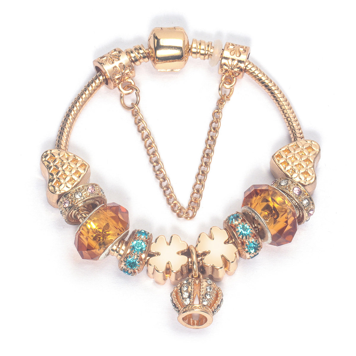 Rhinestone Gold Heart Glass Beaded Bracelet with Crown Pendant(19cm)