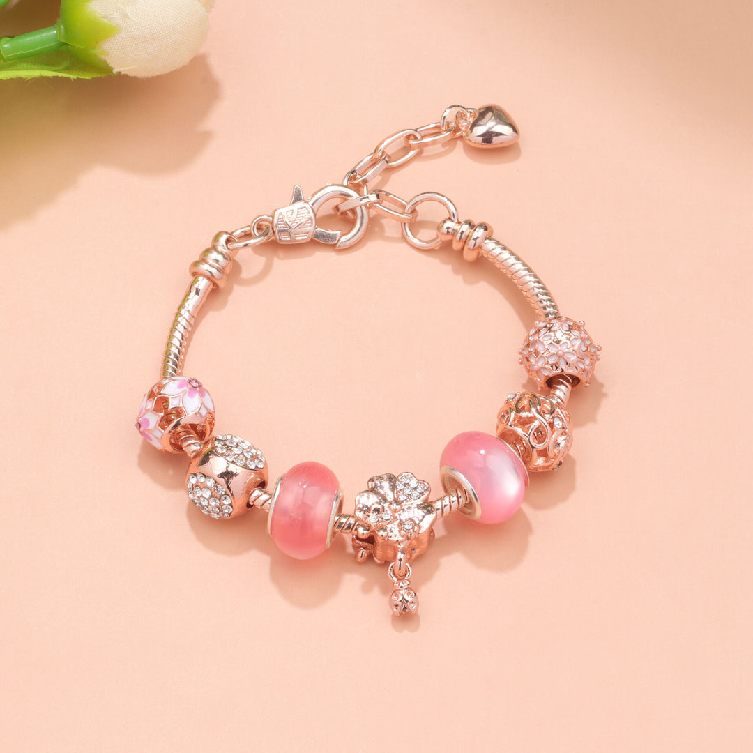 Rose Gold Beaded Bracelet with Floral & Zircon Accents(16cm)