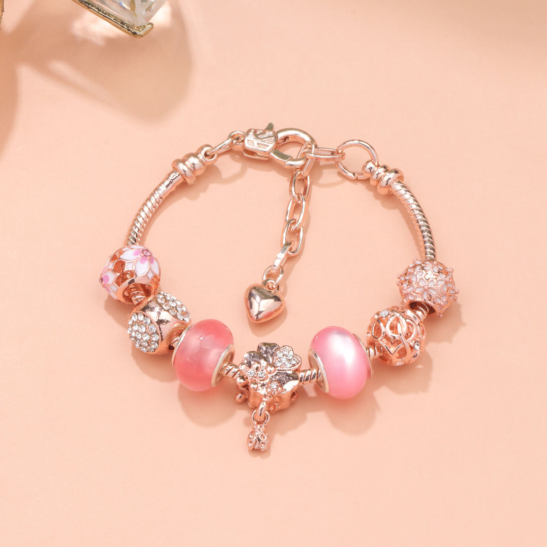 Rose Gold Beaded Bracelet with Floral & Zircon Accents(18cm)
