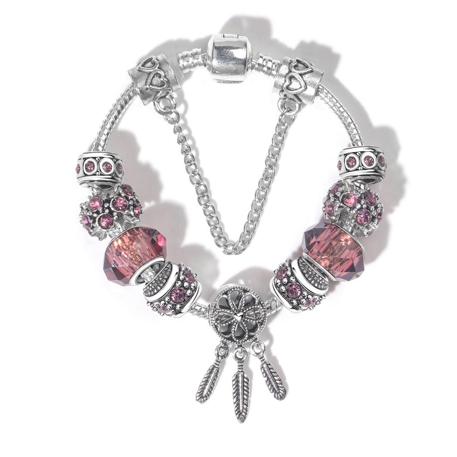 Rose Red Rhinestone Big Hole Beaded Bracelet, Alloy Electroplated(17cm)