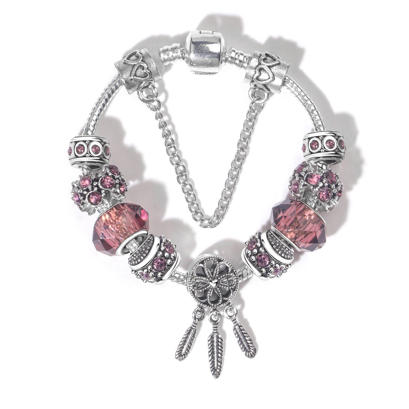 Rose Red Rhinestone Big Hole Beaded Bracelet, Alloy Electroplated(19cm)