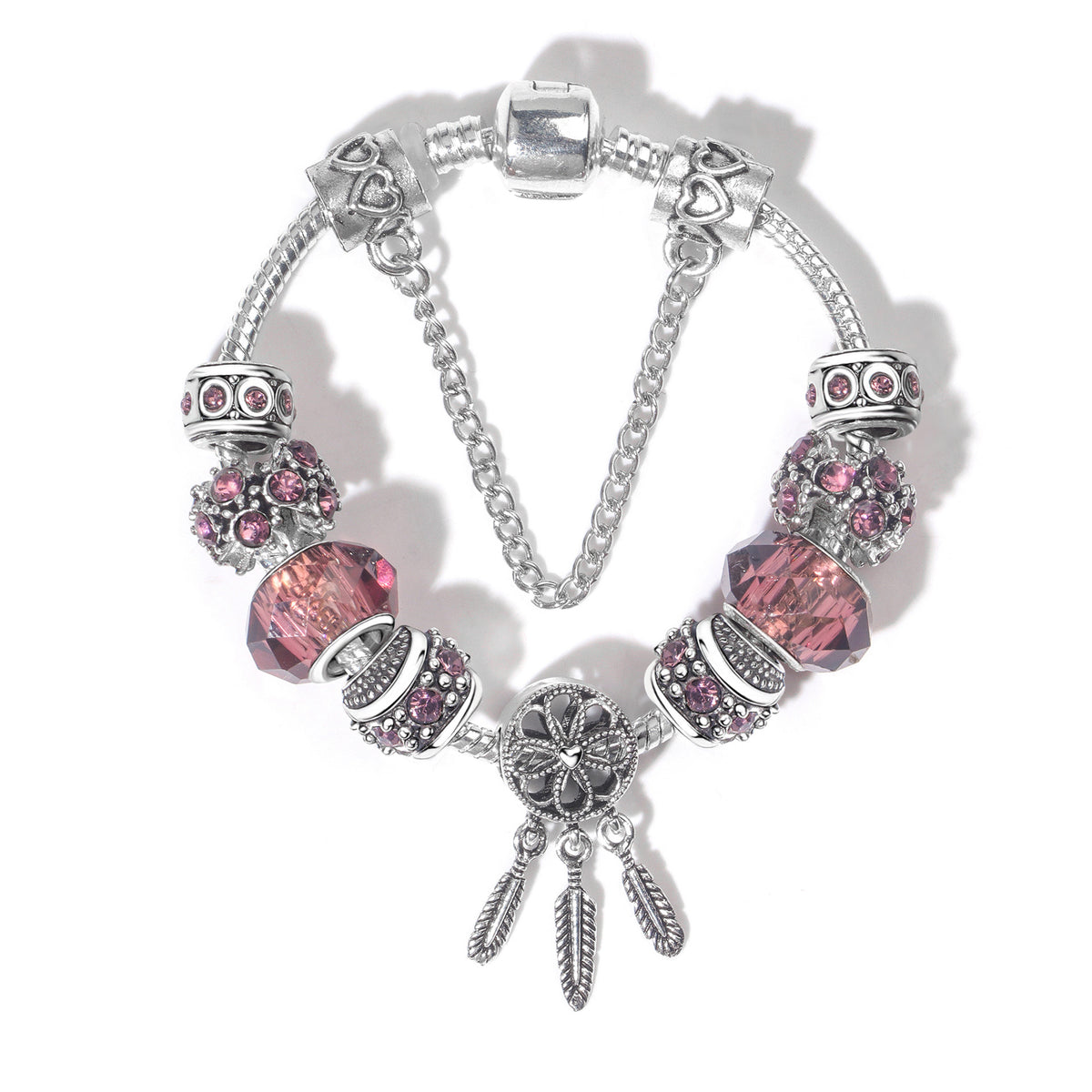 Rose Red Rhinestone Big Hole Beaded Bracelet, Alloy Electroplated(19cm)