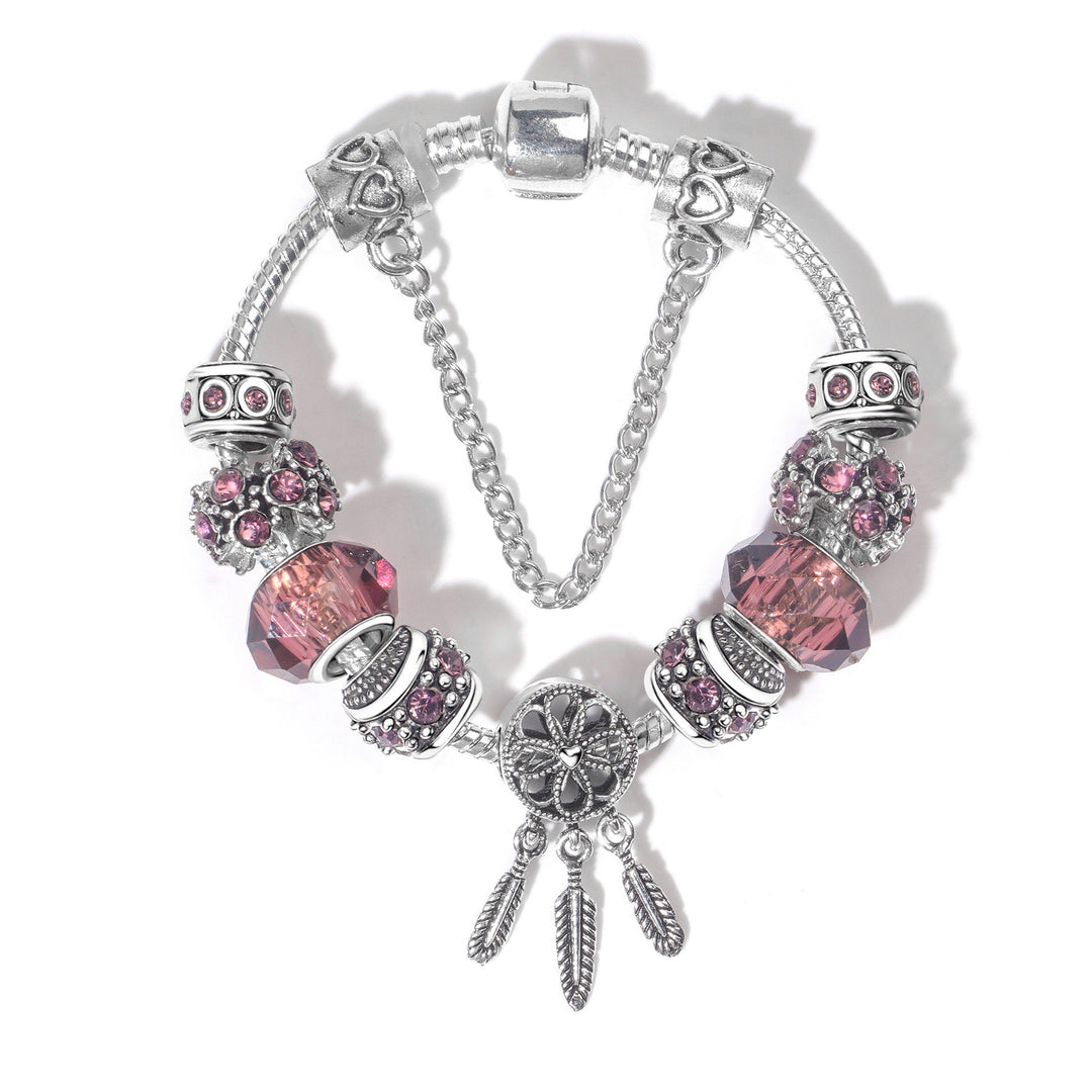 Rose Red Rhinestone Big Hole Beaded Bracelet, Alloy Electroplated(20cm)