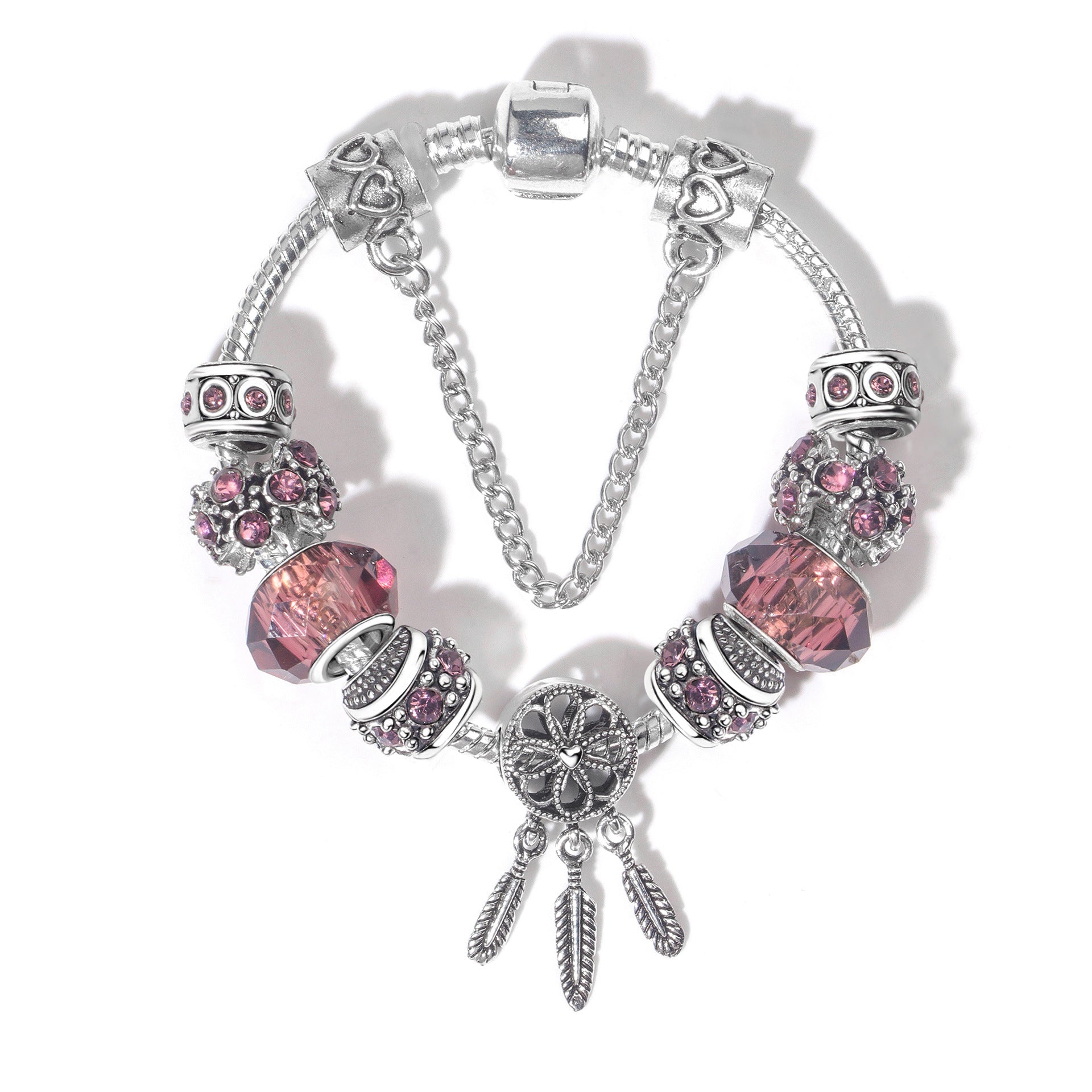 Rose Red Rhinestone Big Hole Beaded Bracelet, Alloy Electroplated(20cm)