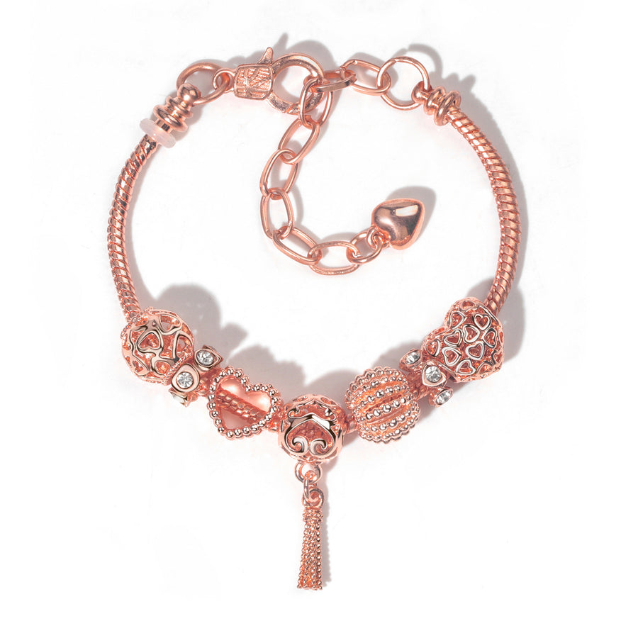 Rose Gold Hollow Carved Heart Bead Tassel Bracelet(21cm)