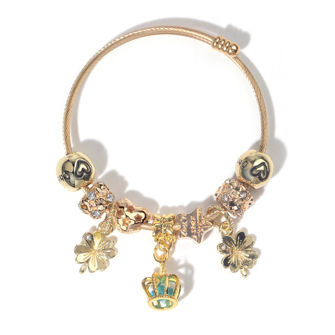 Vintage Love Flower Star Charm Beaded Crown Pendant DIY Open Bangle(18cm)