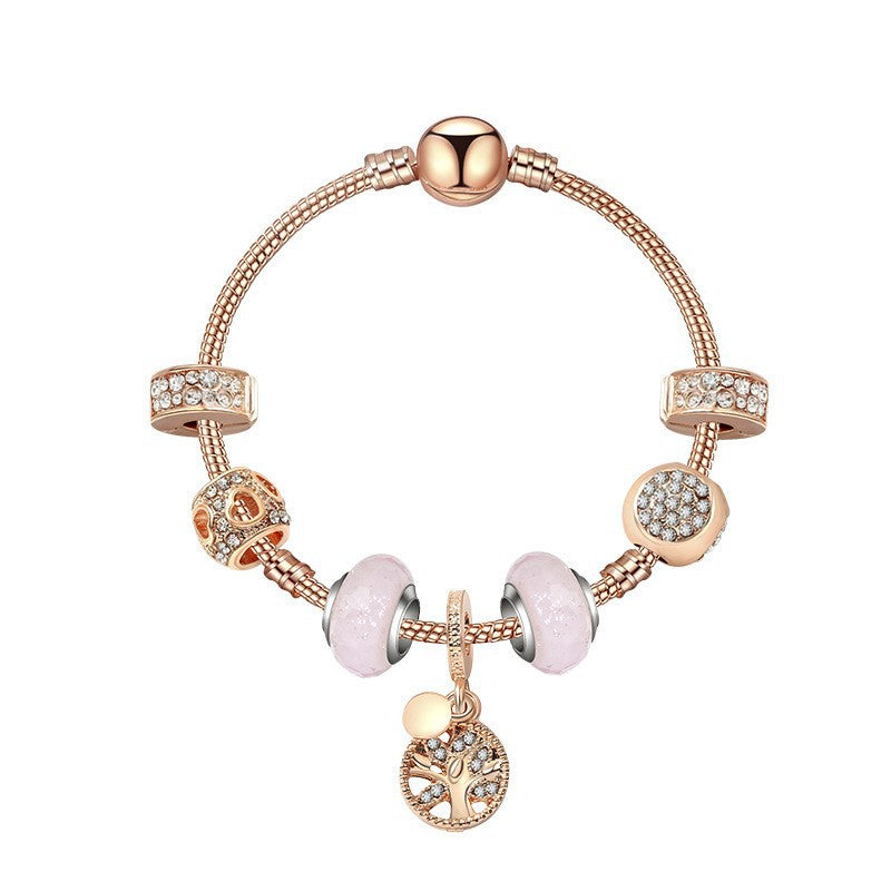 Gorgeous Rose Gold Bracelet with Crystal, Resin, Zircon & Tree of Life Pendant(18cm)