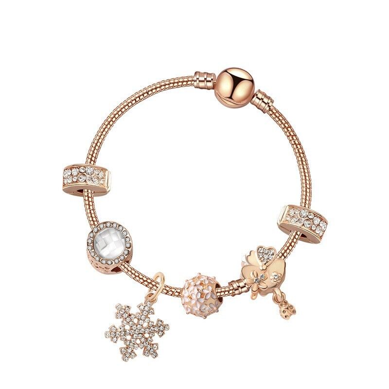 Rose Gold Charm Bracelet with Crystal Snowflake, Flower & Heart Pendants – Sparkling Zircon Beaded(19cm)