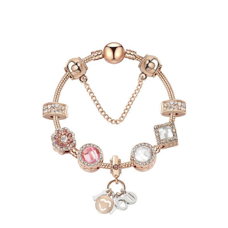 Rose Gold Charm Bracelet with Zircon, Flower & Letter Pendants, Colorful Beads(20cm)