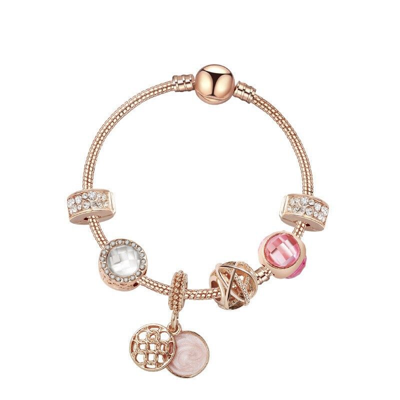 Glamorous Gold Bracelet with Rhinestones, Colorful Cubic Zirconia, Hollow Beads & Double-Disc Pendant(18cm)