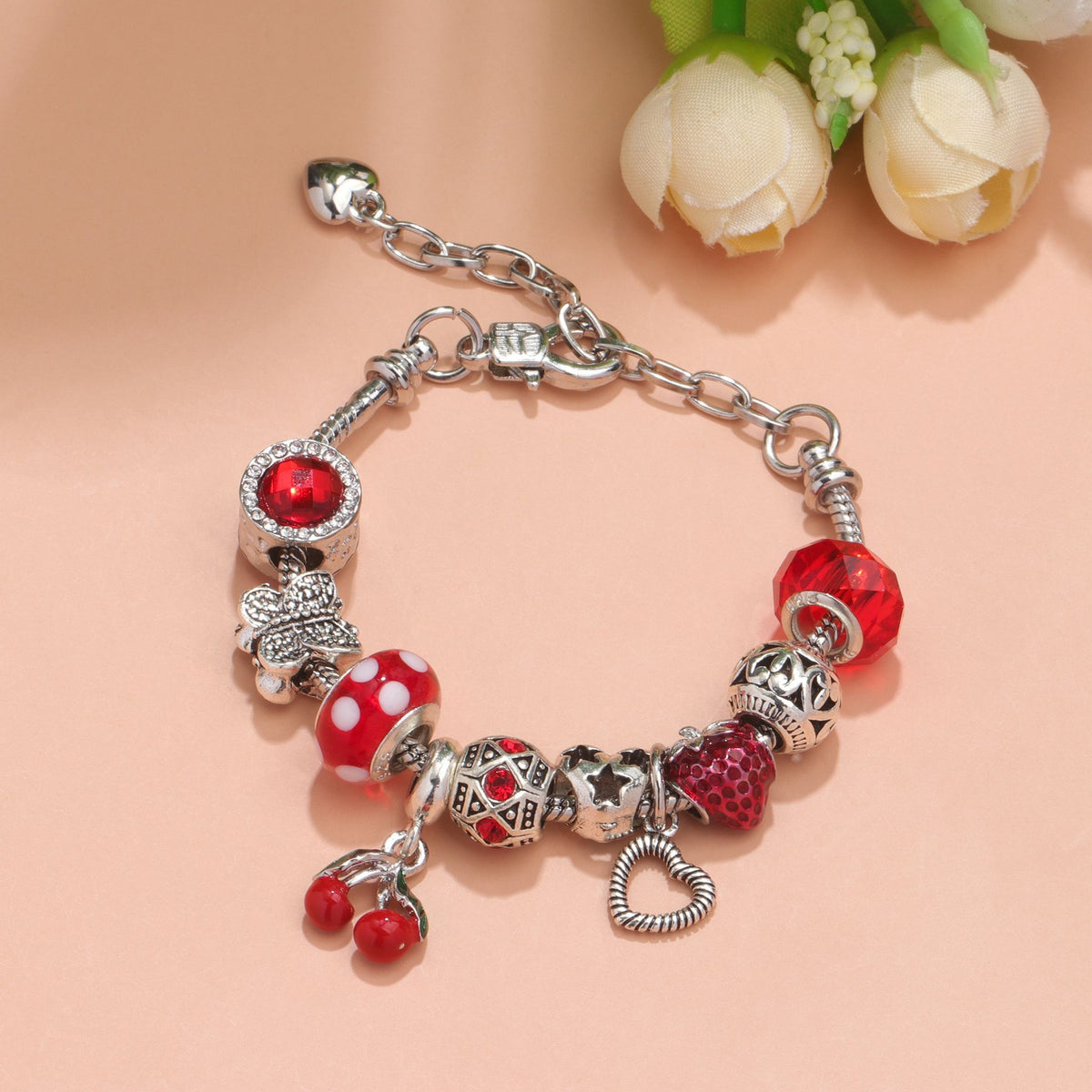 Charm Bracelet with Tortoise, Heart, Clover Pendant(red,20cm)