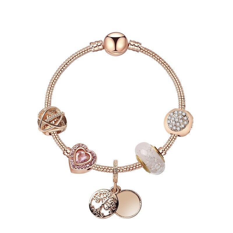 Glamorous Rose Gold Bracelet with Zircon, Glass Beads & Double Disc Pendant(19cm)