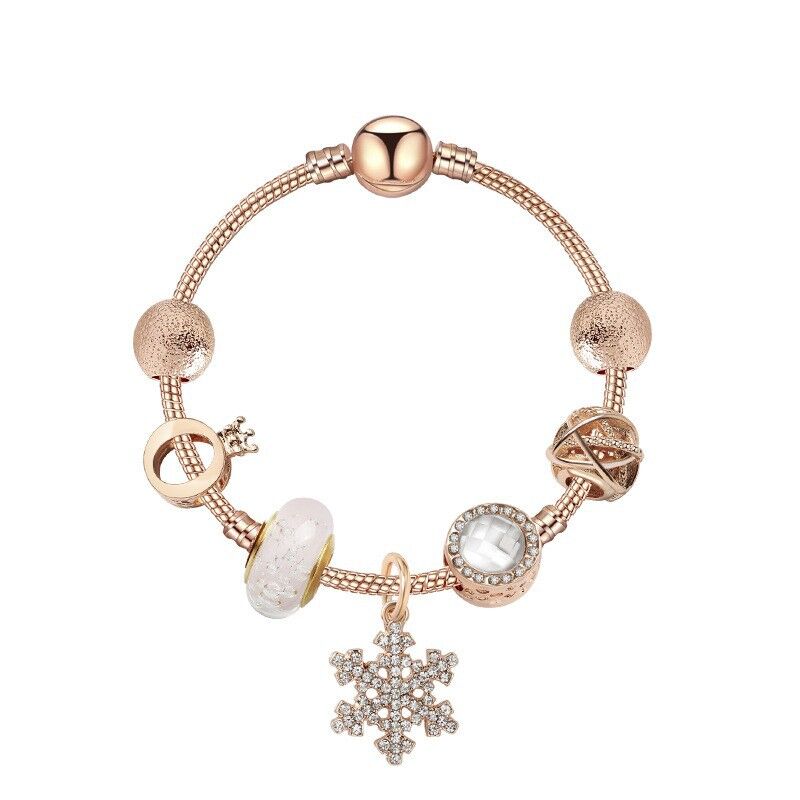 Rose Gold Snowflake Pendant Bracelet with Crystal Zircon, Crown & Glass Charms – Glamorous Sweet-Style Alloy Bracelet(17cm)
