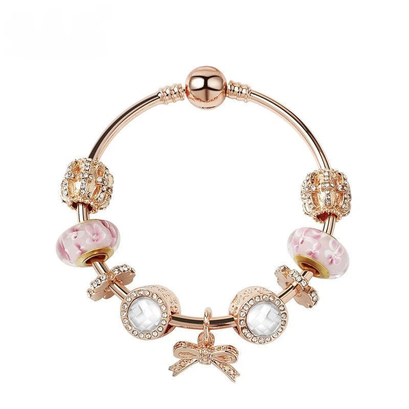 Glamorous Golden Bracelet with Rhinestone Glass, Zircon, Hollow Beads & Bow Pendant(20cm)