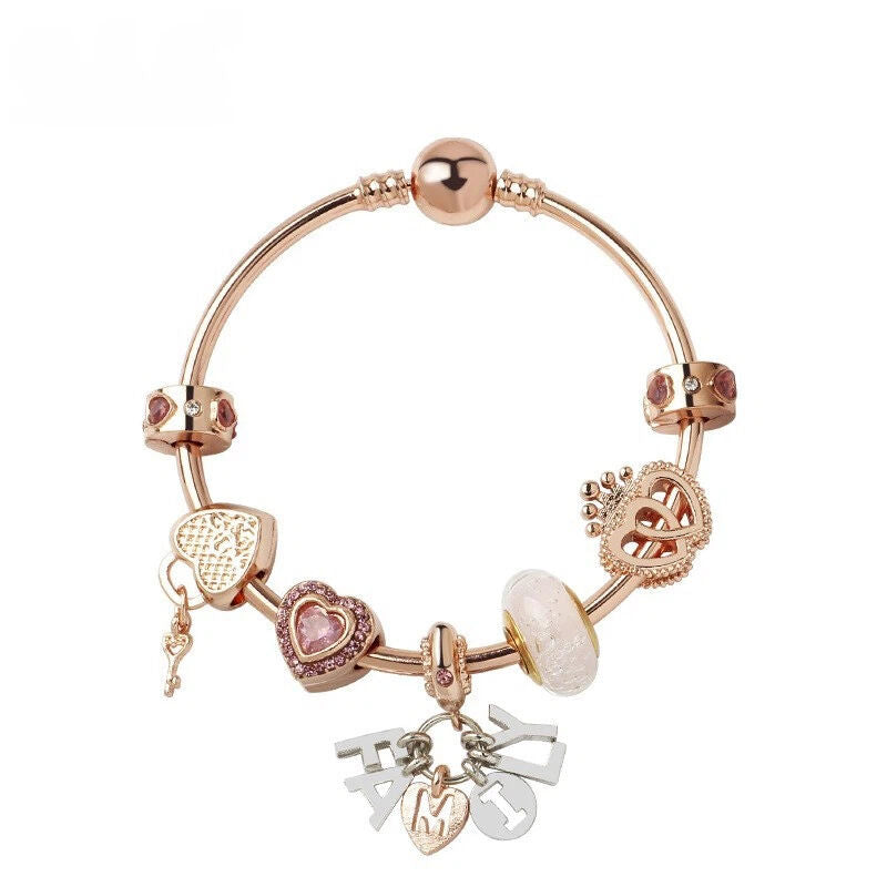 Glamorous Gold Bracelet with Glass, Zircon, Heart & Crown Charms, “FAMILY” Word Pendant(18cm)