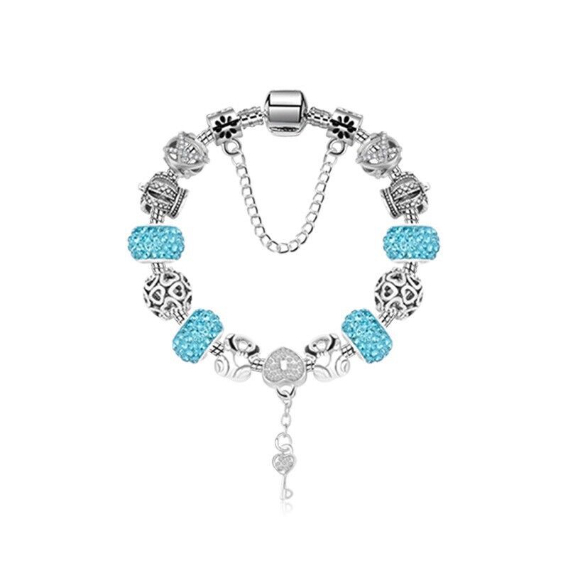 Stunning Rhinestone Charm Bracelet: Hollow Heart Beads + Crown Charms + Happy Key-Lock Pendant | Blue(20cm)