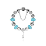 Stunning Rhinestone Charm Bracelet: Hollow Heart Beads + Crown Charms + Happy Key-Lock Pendant | Blue(20cm)