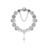 Stunning Rhinestone Charm Bracelet: Hollow Heart Beads + Crown Charms + Happy Key-Lock Pendant | Silver(17cm)