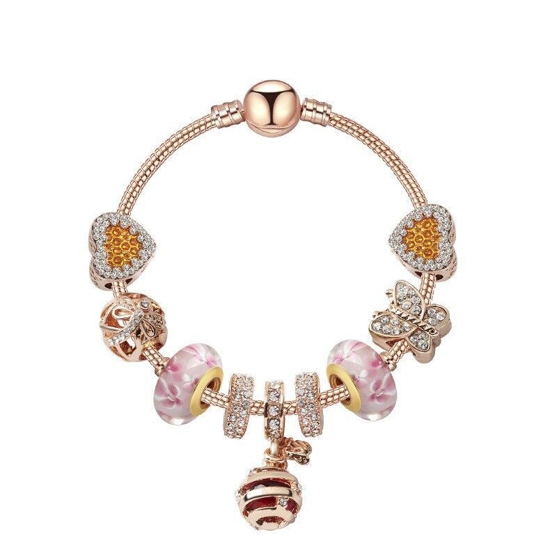 Gold Snake Pendant Bracelet: Rhinestone Resin, Zircon Butterfly & Beads(17cm)