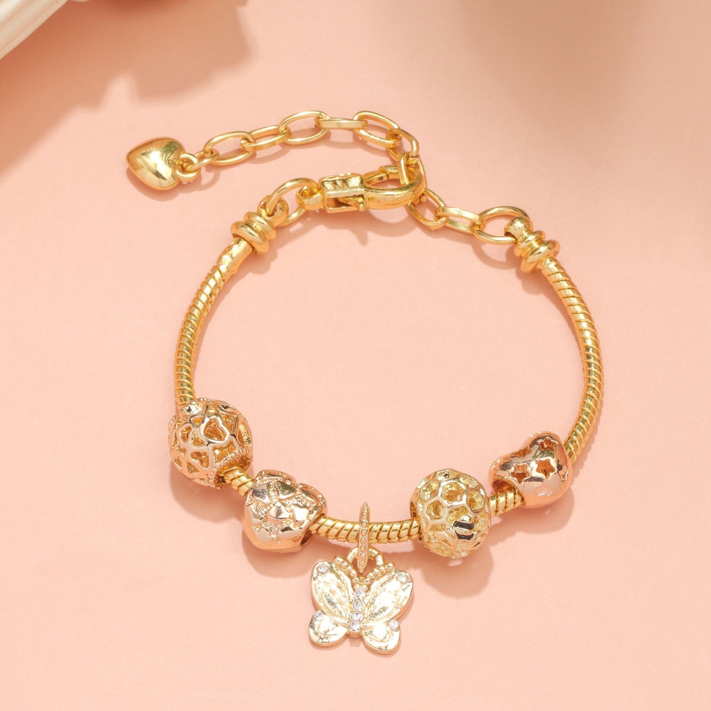Hollow Beads Butterfly Heart Charm Bracele(yellow,16cm)