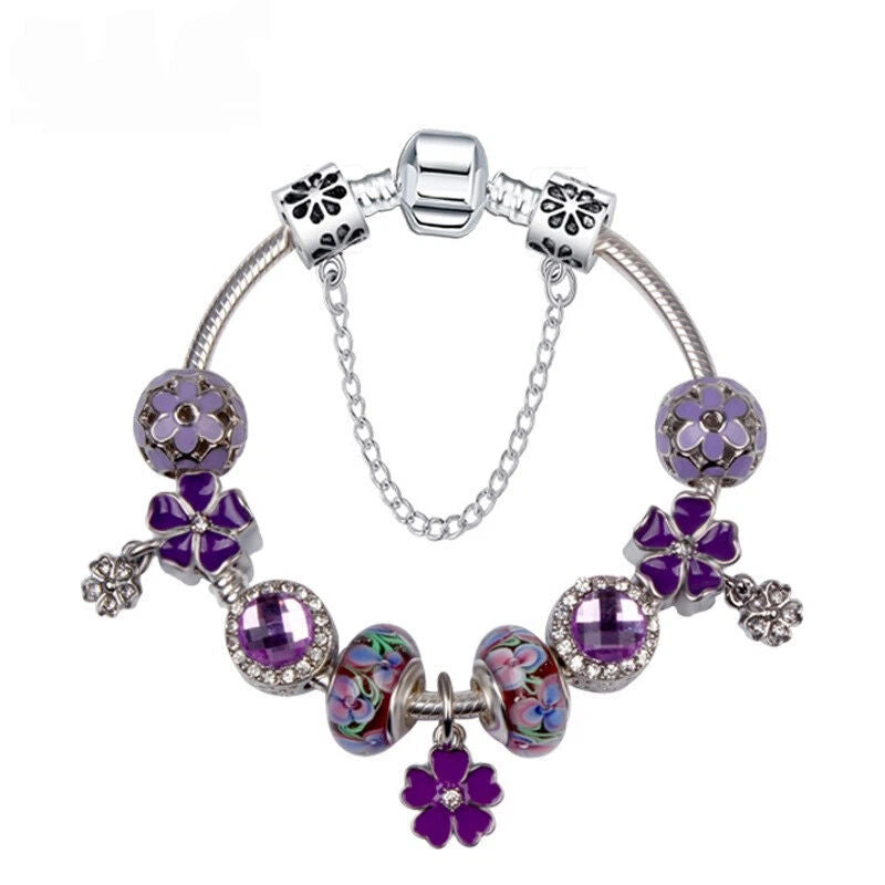 Purple Four Leaf Clover Pendant Bracelet – Sparkling Zircon Resin Glass Beads(17cm)