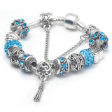 Women’s Vintage Silver-Plated Charm Bracelet - Crystal-Embedded Hollow Carved Multi-Bead Fashion Jewelry(blue-18cm)