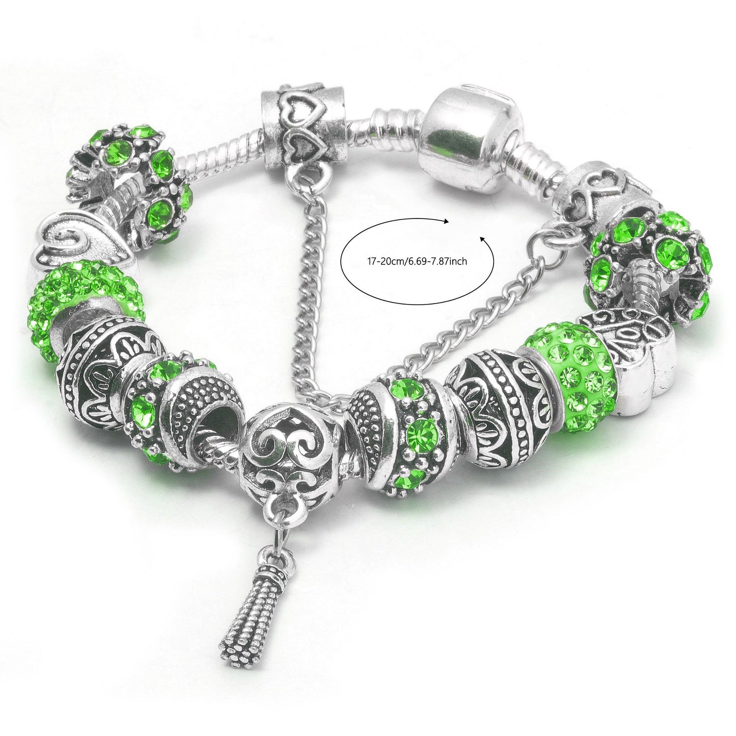 Women’s Vintage Silver-Plated Charm Bracelet - Crystal-Embedded Hollow Carved Multi-Bead Fashion Jewelry(green-17cm)