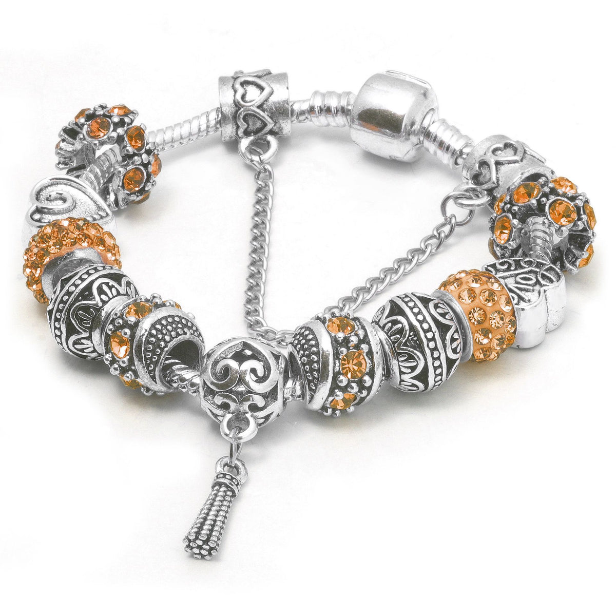 Women’s Vintage Silver-Plated Charm Bracelet - Crystal-Embedded Hollow Carved Multi-Bead Fashion Jewelry(orange-17cm)