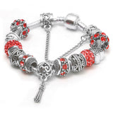 Women’s Vintage Silver-Plated Charm Bracelet - Crystal-Embedded Hollow Carved Multi-Bead Fashion Jewelry(red-20cm)