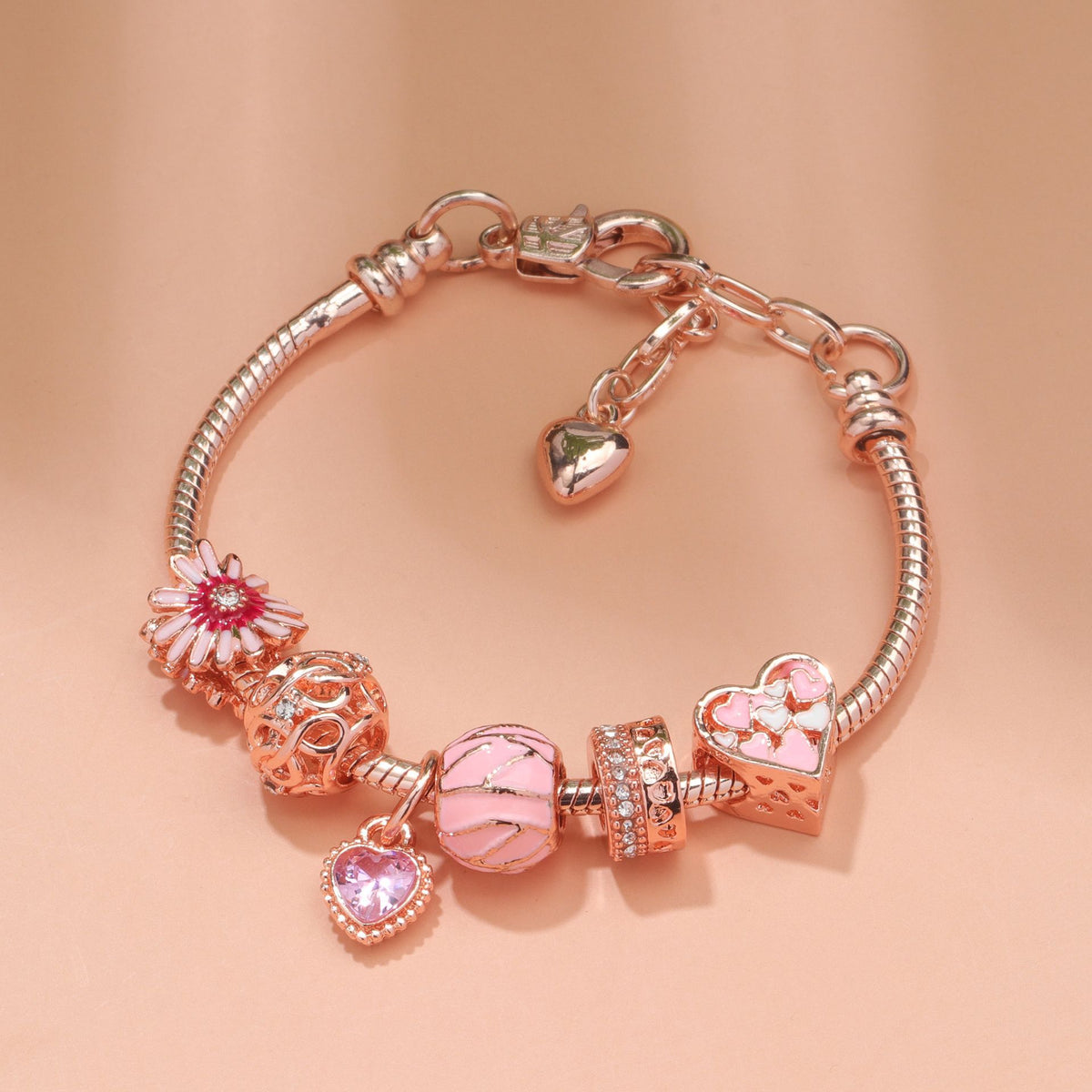 Rhinestone Daisy & Hollow Heart Charm Bracelet - Minimalist Fashion Zinc Alloy Electroplated Jewelry(16cm)